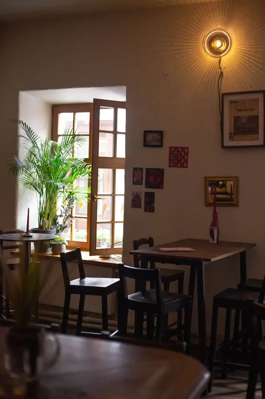 Window corner with high tables and plants