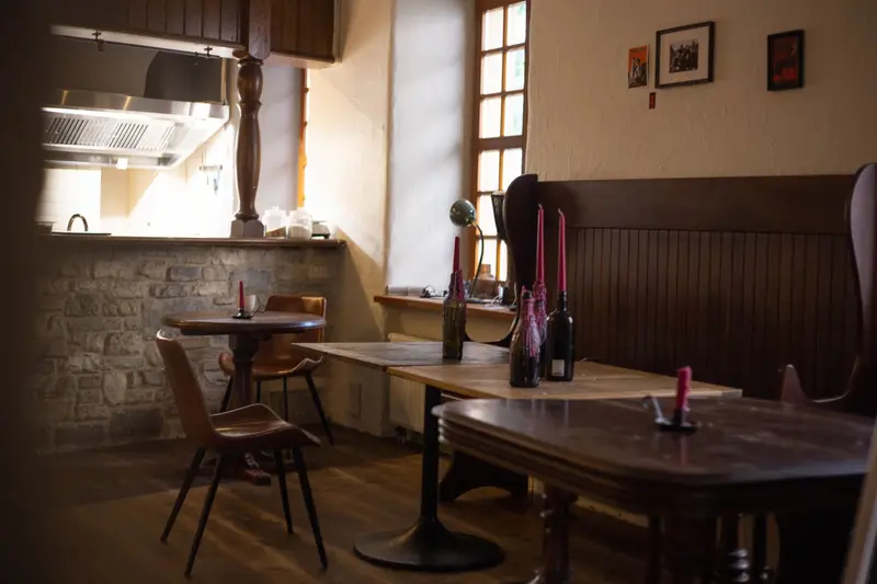 Tables and wooden bench seating